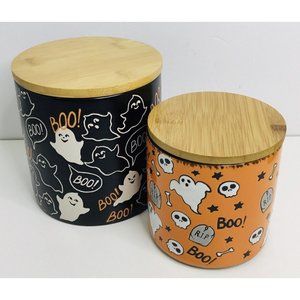 2 Canister Wood Lid Halloween Eli + Ana Ceramic Melton Ghost 5” & 4” Boo New